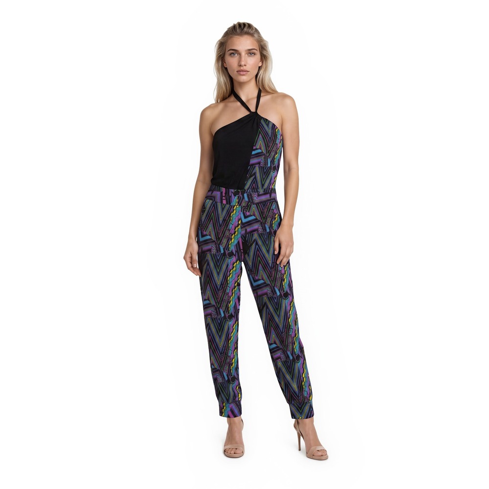 Rocawear Jumpsuit Women's Size 2X Black Multicolor Geometric Halter Zigzag Y2K